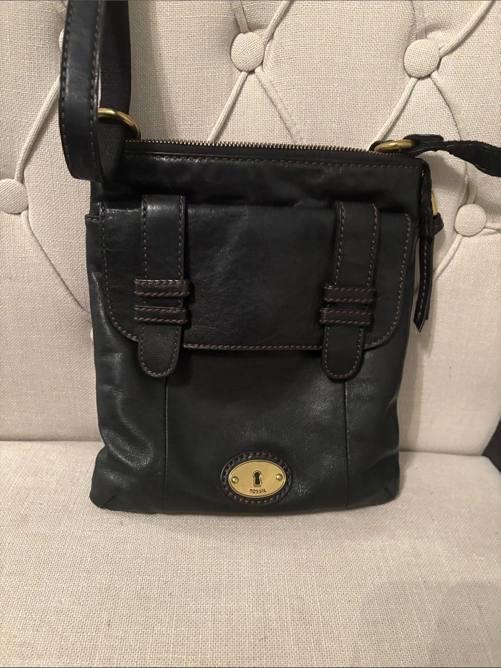 Fossil Black Leather Messenger Crossbody with Brass Accent